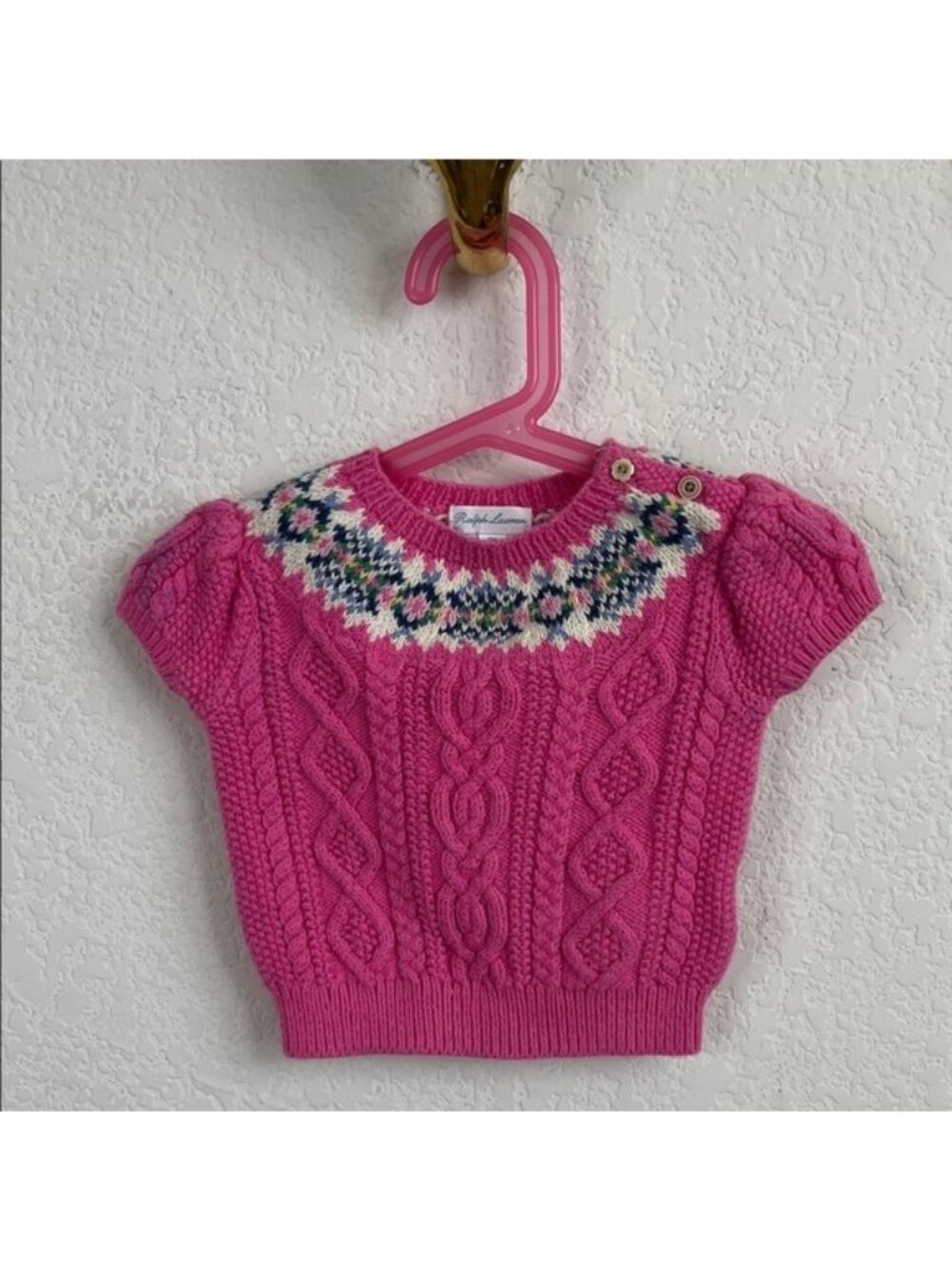 Ralph Lauren Girl's Pink Short Sleeve Sweater Fair Isle Cable Knit Floral